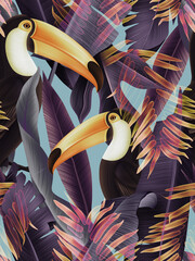 Amazing tropical flowers patten. Seamless design with gorgeus botanical elements, hibiscus, palm, tucan birds. Iridescent tileable background © Natalia @themishaart