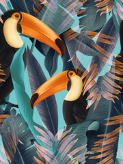 Amazing tropical flowers patten. Seamless design with gorgeus botanical elements, hibiscus, palm, tucan birds. Iridescent tileable background © Natalia @themishaart