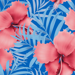 Seamless pattern with Tropical flowers and leaves design. Stylish trendy fashion floral pattern..