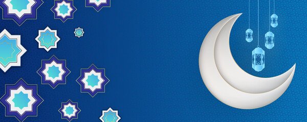 Ramadan Kareem and Happy Eid Al Fitr islamic design crescent moon and mosque dome silhouette with arabic pattern and calligraphy