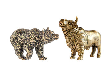 Isolated image of yellow metal bull and bear figurines. The concept of the symbol of stock trading, the interaction of buyers and sellers. A series of images.