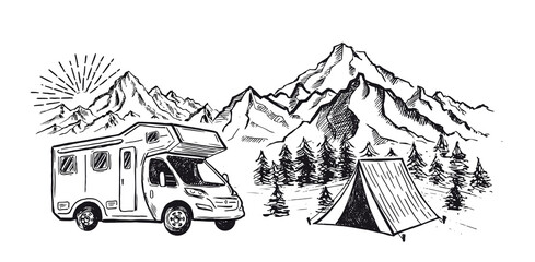 Camping in nature, motor home, Mountain landscape, hand drawn style, vector illustrations.