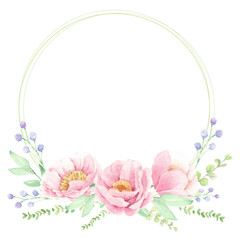 watercolor pink peony flower bouquet arrangement wreath frame for logo or banner