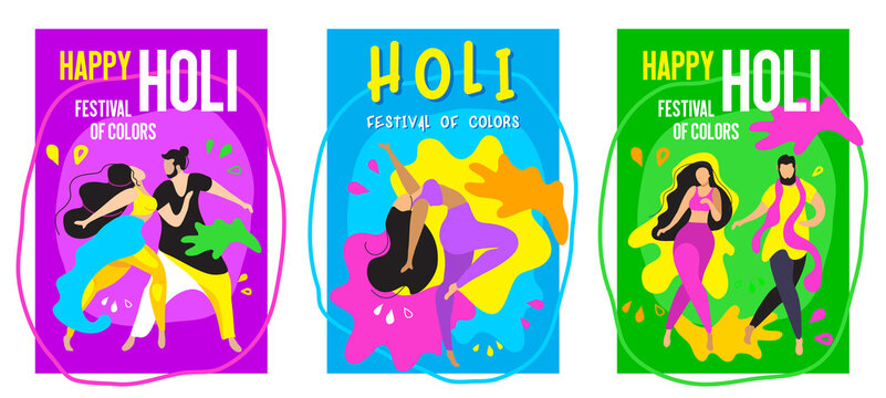 Happy holi! set of pictures with dancing people. happy man and beautiful woman dance and paint