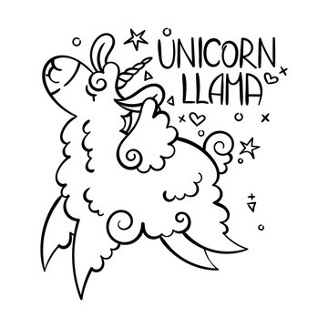Unicorn Llama. Cute curly alpaca unicorn is flying and dancing with happiness. Vector illustration for coloring pages, children and adult prints, baby shower
