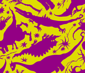Fototapeta na wymiar Funny dinosaurs pattern/ Seamless background with grotesque fantasy creatures dinosaurs
