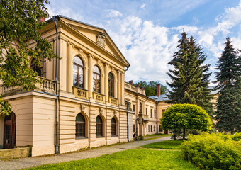 New Zywiec Castle, south-eastern wing of Habsburgs Palace within historic park in Zywiec old town city center in Silesia region of Poland