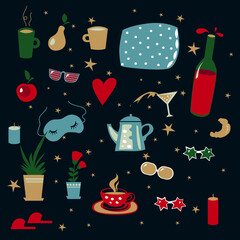 A set of vector objects in the style of a pajama party. Illustrations in a flat cartoon style. Suitable for postcards, children's parties, posters and other souvenir products.