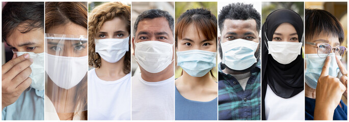 Collage of people around the world wearing face mask, concept of taking precaution measure, social...