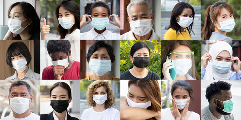 Collage of people around the world wearing face mask, concept of taking precaution measure, social...