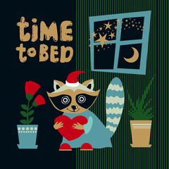 Time for bed. Cute raccoon in a nightie. Vector illustration in a flat cartoon style. Suitable for postcards, children's parties, posters and other souvenir products.