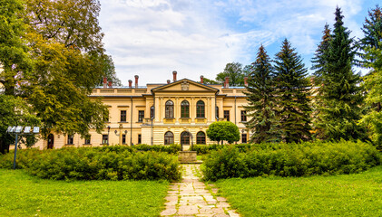 New Zywiec Castle, south-eastern wing of Habsburgs Palace within historic park in Zywiec old town city center in Silesia region of Poland