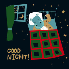 Good night! The beast is asleep. Vector illustration in a flat cartoon style. Suitable for design, greeting cards, children's parties, posters, T-shirts and other souvenir products.
