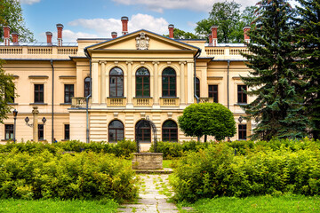 New Zywiec Castle, south-eastern wing of Habsburgs Palace within historic park in Zywiec old town city center in Silesia region of Poland