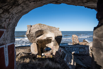 Ruins of old war fort in Liepaja, sea, waves and splashes. Liepaja, Latvia
