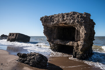 Ruins of old war fort in Liepaja, sea, waves and splashes. Liepaja, Latvia