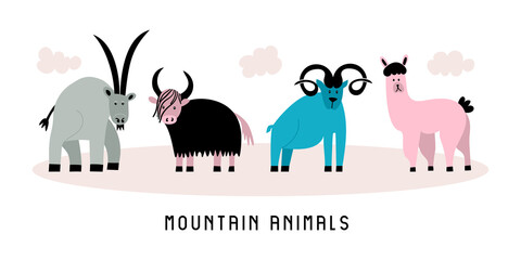 Set of mountain wild animals in flat style. Childish vector illustration with lama, goat, argali, yak on white background