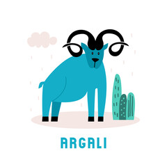 Childish flat vector illustration with argali on white background. Card with wild mountain ram