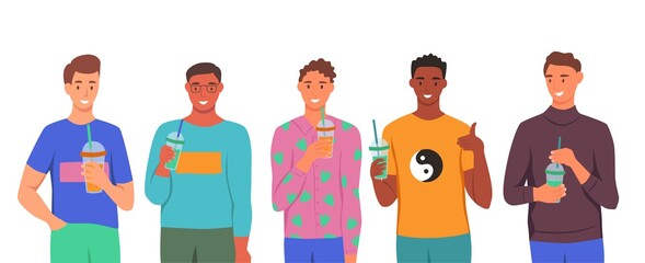A set of characters. Young men drink smoothies, fresh juice, a cocktail. The concept of proper nutrition, healthy lifestyle. Flat cartoon illustration.