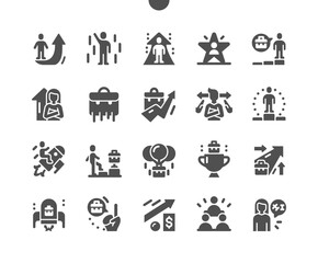 Career path. Work progress and success. Motivation and growth. Business, businessman, achievement, job, target, leadership, choice, opportunity and strategy. Vector Solid Icons. Simple Pictogram