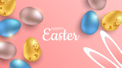 Fototapeta na wymiar Greeting Easter background with realistic Easter eggs. Top view with copy space