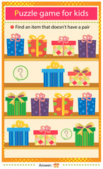 Find a item that does not have a pair. Puzzle for kids. Matching game, education game for children. Color images of holiday boxes, souvenirs and gifts. Worksheet to develop attention.