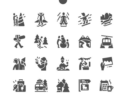 Winter vacation. Ice skating, play snowballs, snowboarding and skiing. Winter holidays in the mountains. Decorate the christmas tree. Vector Solid Icons. Simple Pictogram