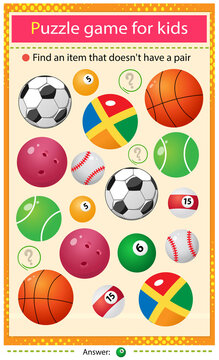 Find a item that does not have a pair. Puzzle for kids. Matching game, education game for children. Color images of sports balls. Worksheet to develop attention.