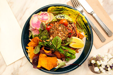 Vegan bowl with pink radish 