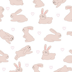 Seamless pattern with cute bunnies and hearts on a white background. Fabric pattern design. Pastel color. Vector illustration.