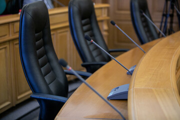 Conference room or seminar meeting room in business event. Session of Government. Academic...