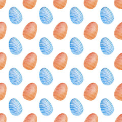 Hand drawn watercolor eggs seamless pattern. Easter holiday wrapping and textile pattern. Seamless background with doodle Easter eggs.