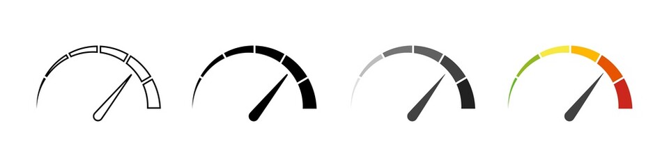 Gauge icons. Speedometer vector isolated signs. Customer satisfaction indicator level. Risk level gauge. Stock vector
