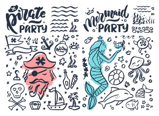 Collection stickers of pirates and mermaids. The icons are vector illustration