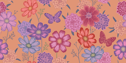 Nahtloses Frühlingsblumenmuster. Gartenblumen und Schmetterlinge. Vintage-Vektor. © marinavorona