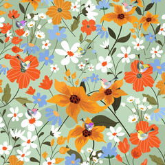 Cute bird in beautiful flower garden..