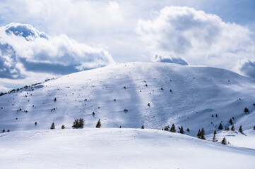 Fototapeta na wymiar Traces from alpine skiing in the snowy Romanian Bucegi mountains