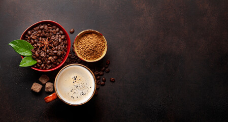 Roasted coffee beans, ground powder and espresso