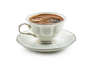 Black coffee served in a porcelain cup on an isolated white background