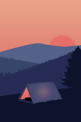 Illustration of a tent in the mountains on a sunset background. Sunset in the mountains. Travel and tourism concept. Creative illustration