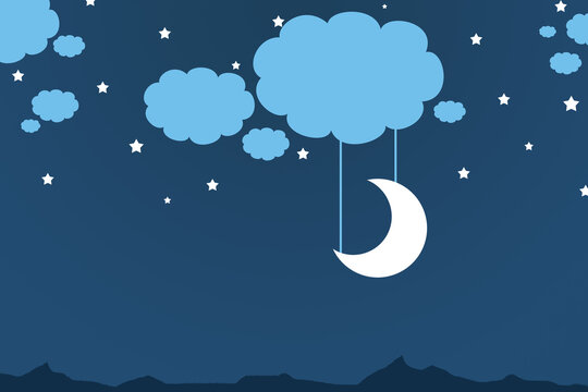 Night sky. Illustration of a crescent moon hanging on a cloud. Night landscape