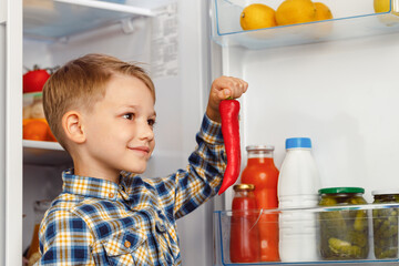 Little boy standing near the open fridge