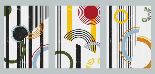 A set of three colorful aesthetic geometric backgrounds. Minimalist social media posters, cover designs, web, home decor. Vintage illustrations with semicircles, stripes, shapes, circles, arches.