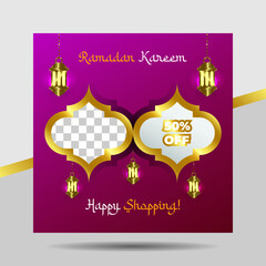 Luxury Magenta and Gold Ramadan Kareem Sale Or Discount Social Media Template for Banner, Ads, Advertising, Greeting Card, Poster, and Others Media Promotion.