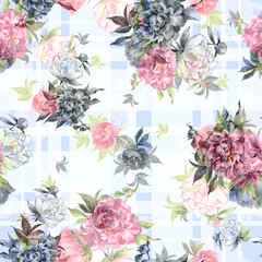 Abstract floral seamless pattern painted with paints lovely peonies with foliage