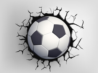 Soccer ball flying through the wall with cracks.