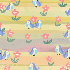 Cute blue bird in beautiful flower garden.