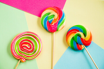 Colorful candies, lollypop on the colorful background