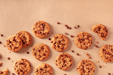 Freshly baked chocolate chip cookies, overhead flat lay shot