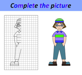 Complete the picture of a funny boy. Copy the picture. Coloring book. Educational game for children. Cartoon vector illustration